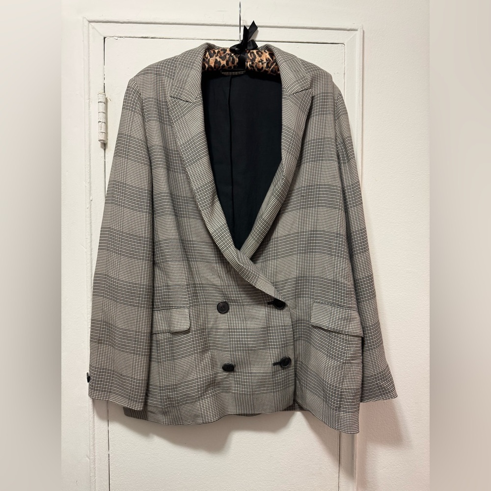 ALLSAINTS 8 Black & Cream Viscose Plaid Double Breast Oversized Blazer vintage